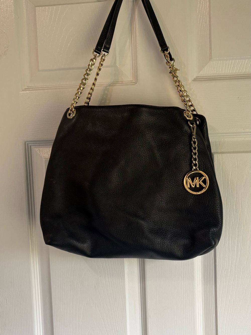 Michael Kors Black Leather Shoulder Bag with Gold Chain and MK Charm